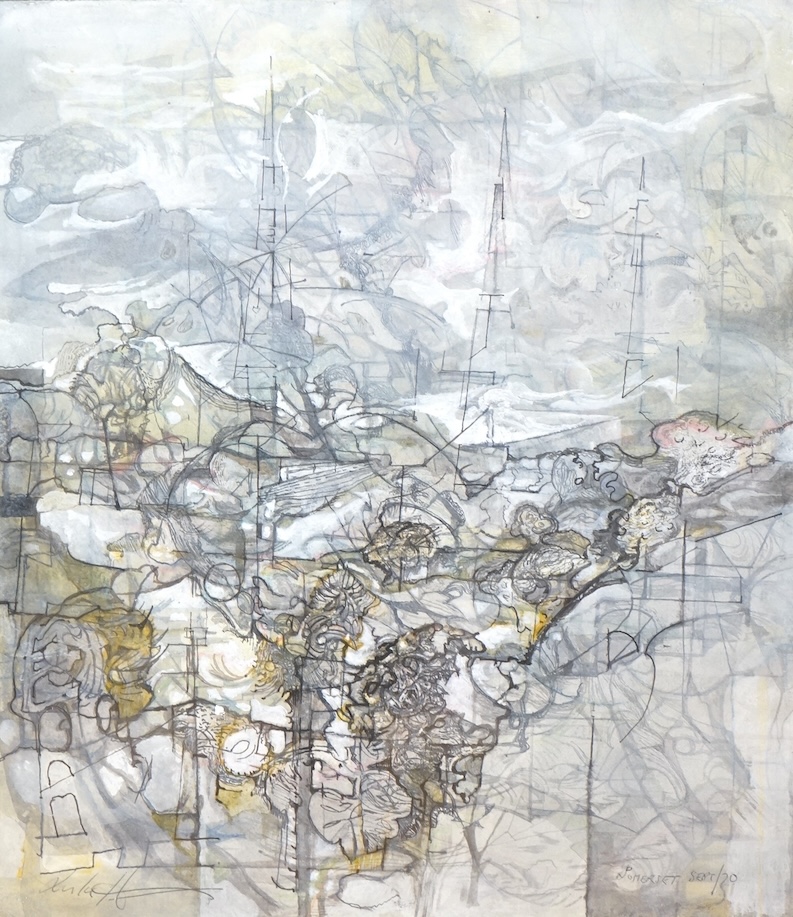 Leslie Hurry (1909-1978), abstract composition, ‘Somerset Sept '20’, mixed media on paper, signed, 39 x 34cm